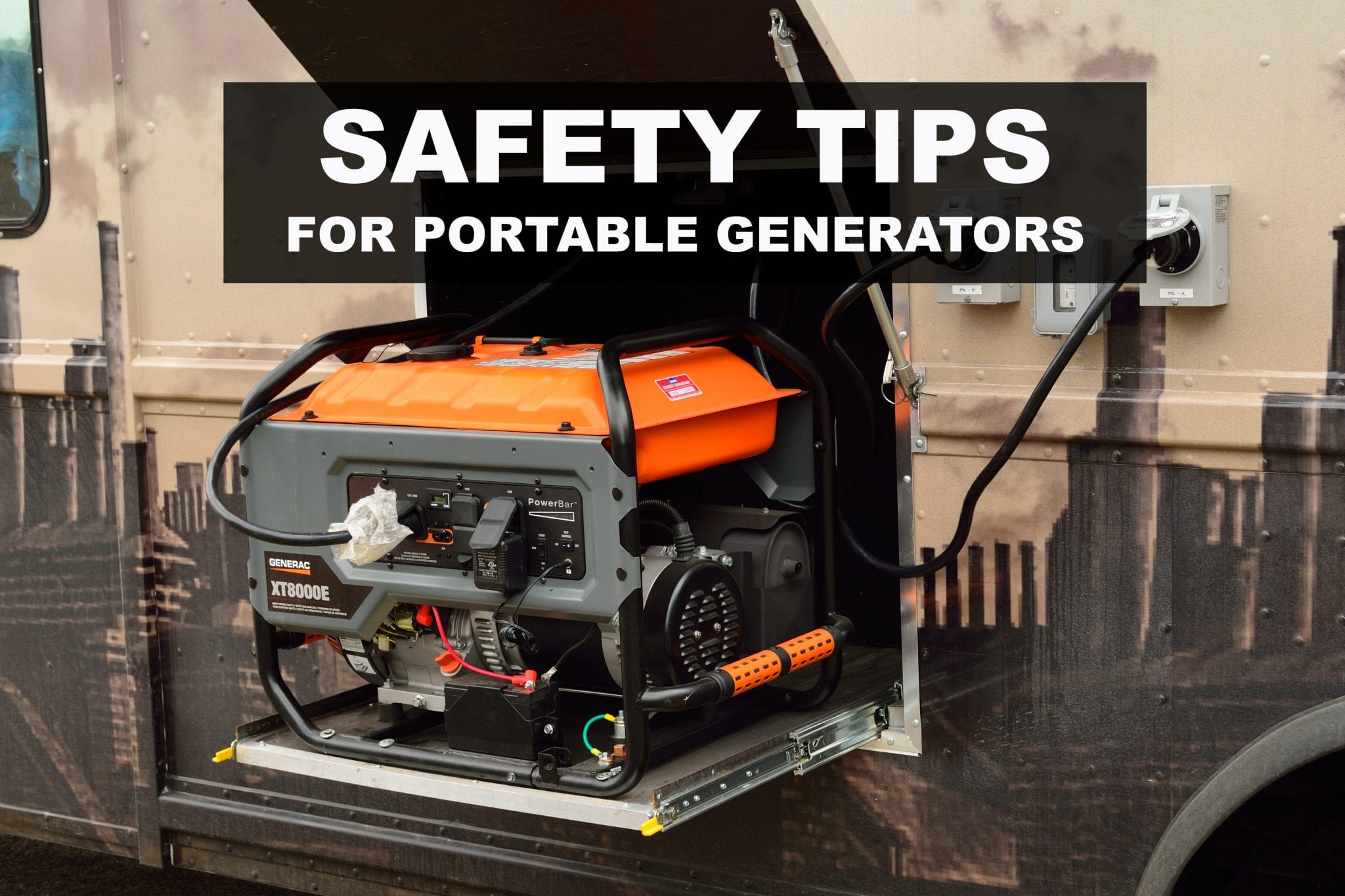 Portable generator with text overlay saying Safety Tips for Portable Genertors