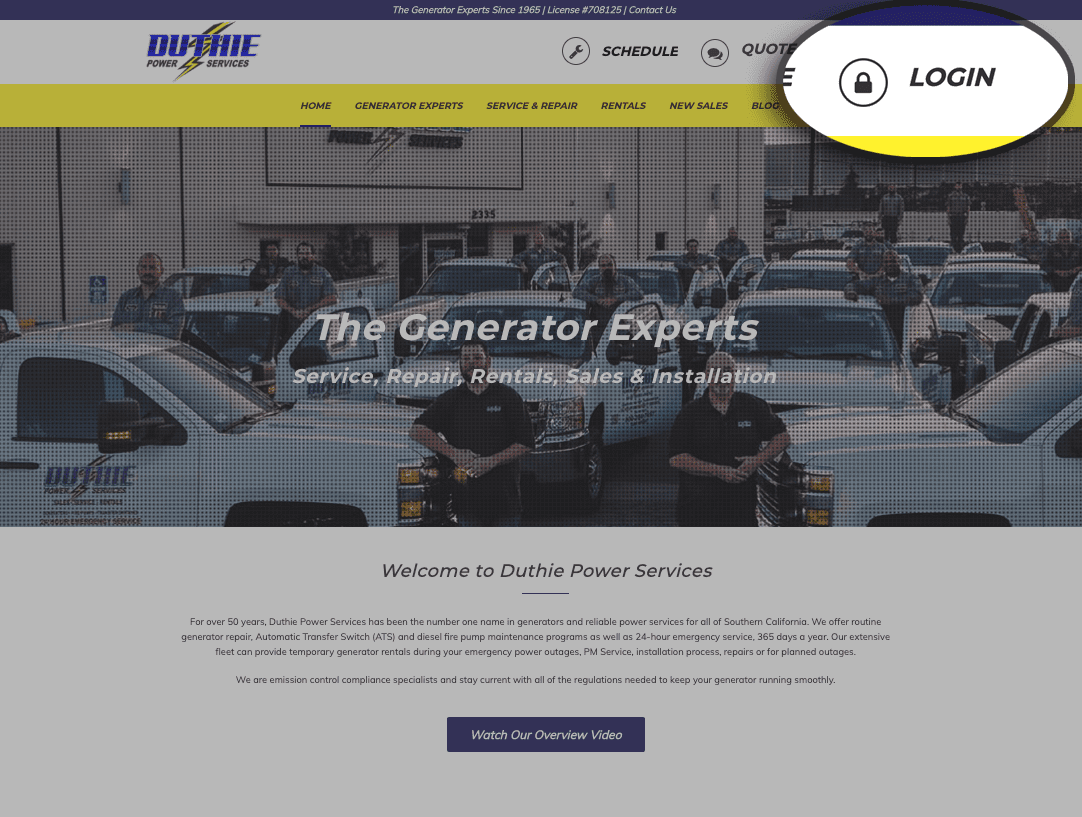 Screenshot of the Duthie Power Services website home page with the customer portal Login button highlighted.