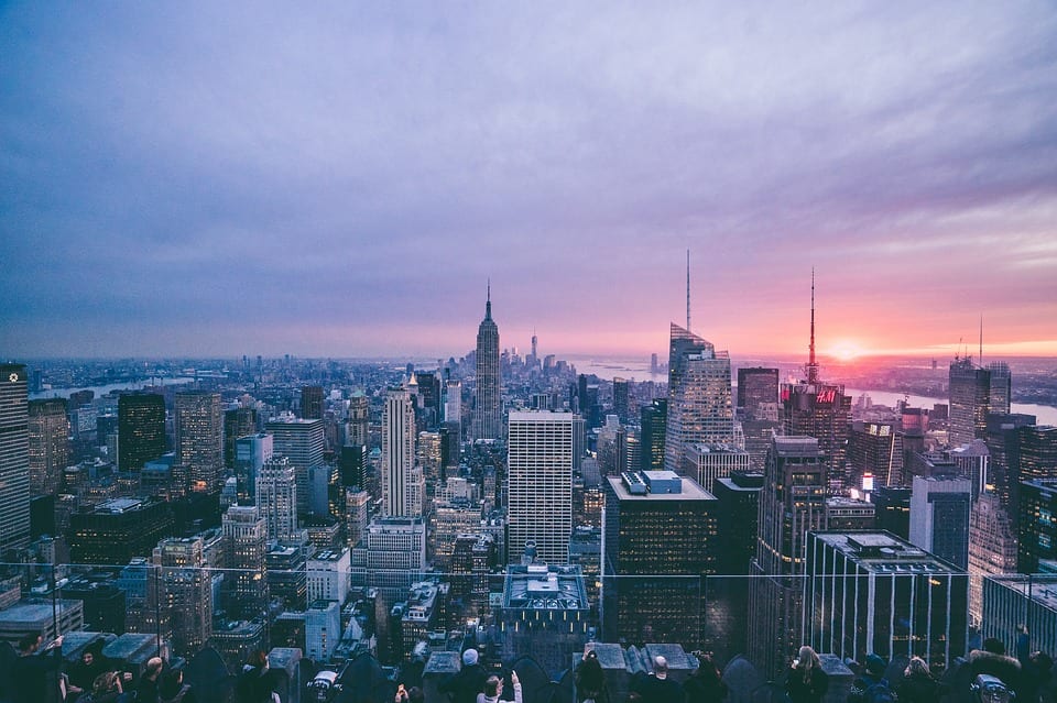 Skyline of New York City at sunset.