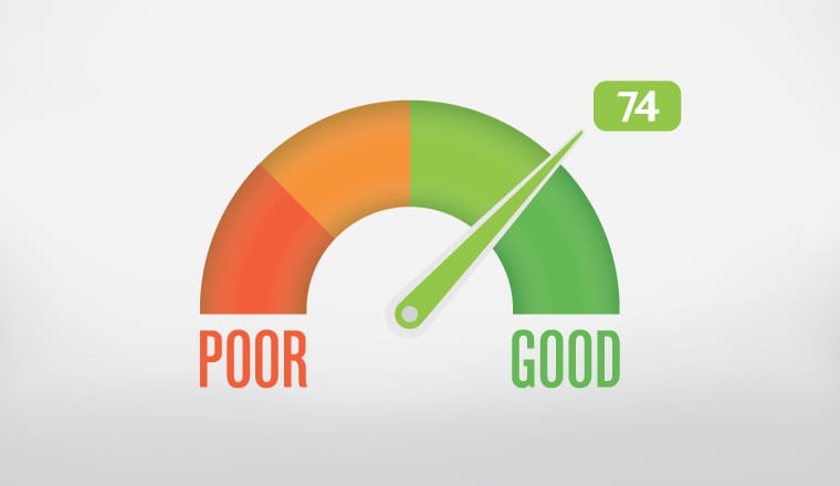 Graphic of a meter showing an arc from Poor to Good with the arrow pointed toward 74 on the Good side.