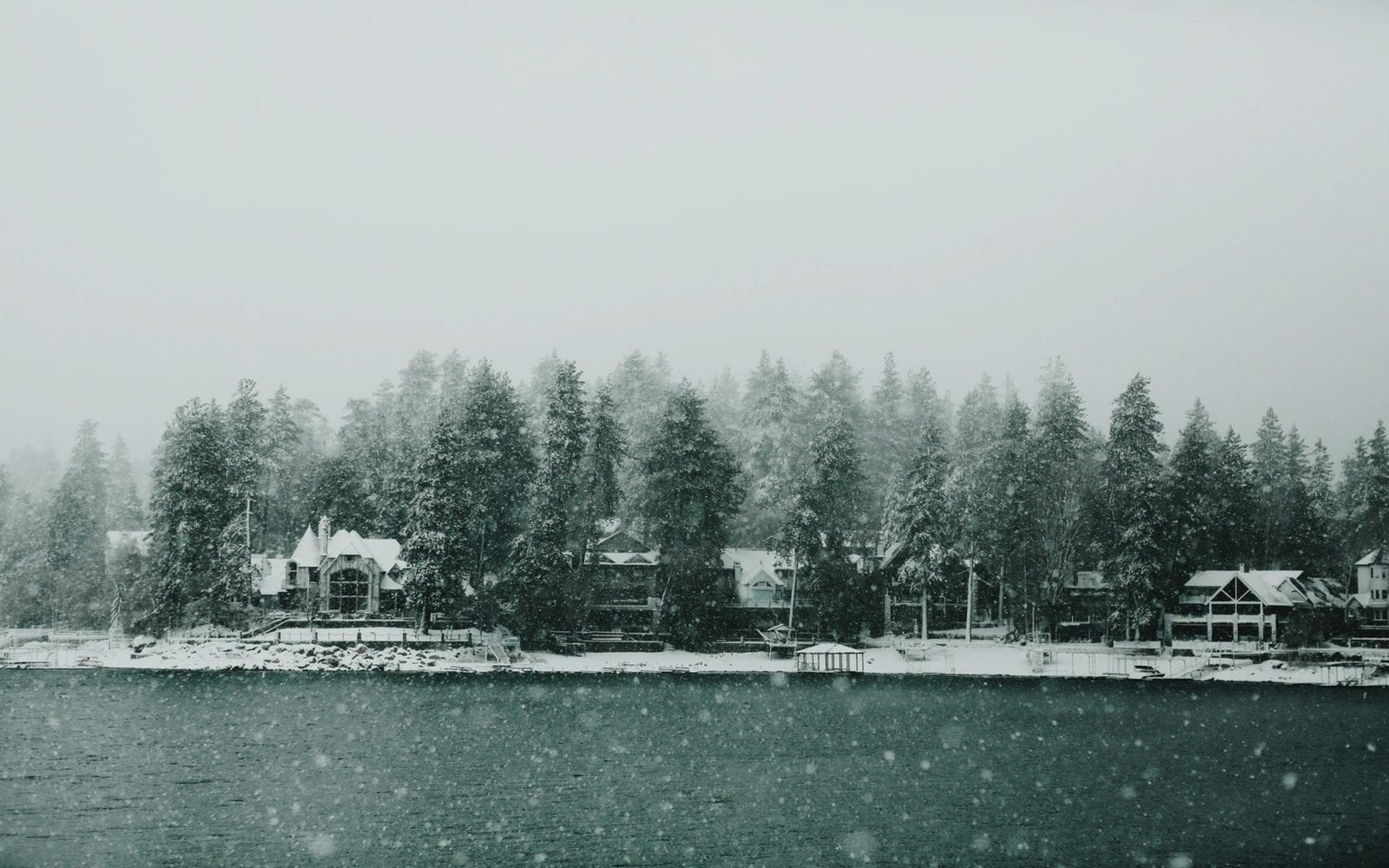 Lakeside homes in a winter storm.