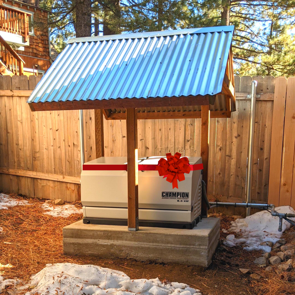 Champion Home Generator wrapped in a red Christmas bow as a holiday gift.