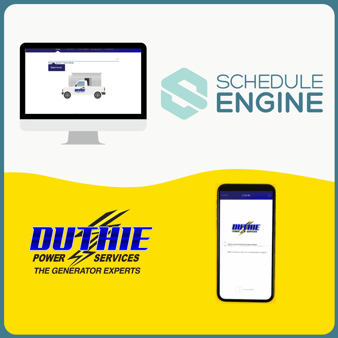 Desktop monitor and cell phone screen showing log in to Schedule Engine scheduling portal for Duthie Power customers.