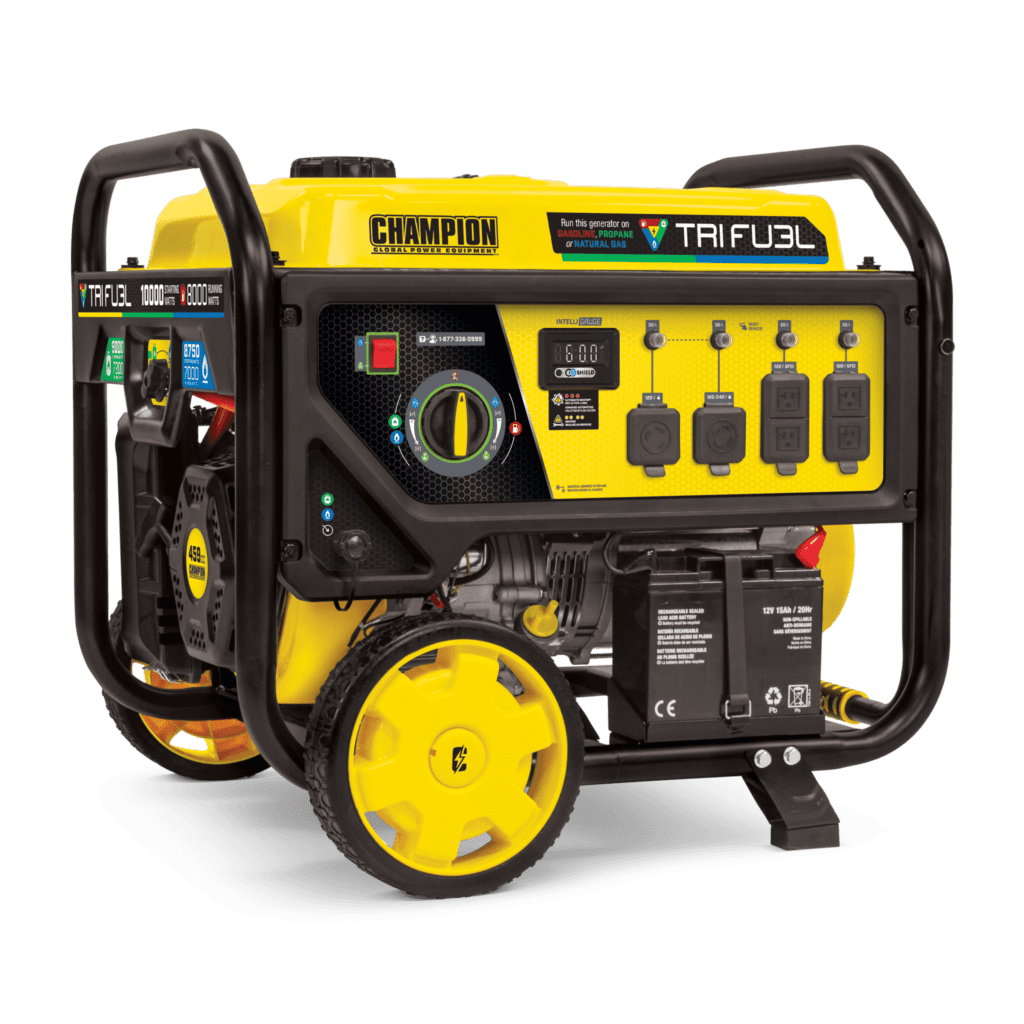 10kW Champion Tri-Fuel portable generator with yellow body and black trim.