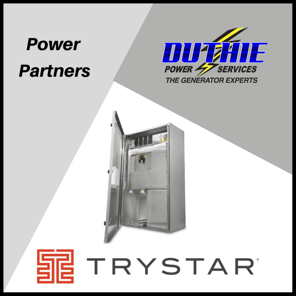 Manual transfer switch made by Trystar with Duthie Power logo and phrase Power Partners.