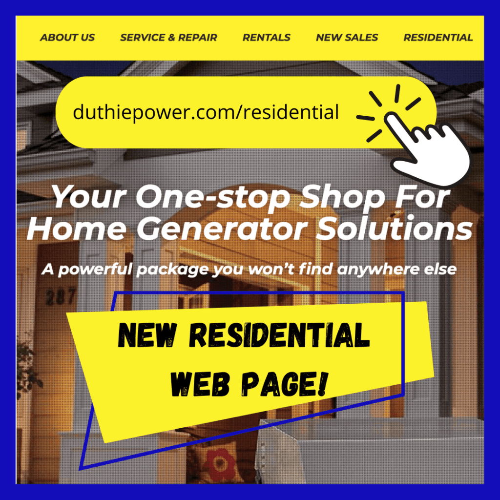 Screenshot of Duthie Power's newly redesigned webpage for home generator sales with a graphic of a finger clicking on the web address.